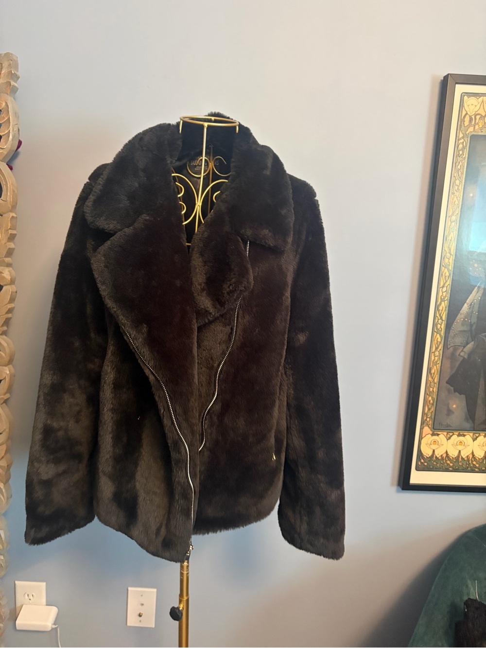 Women's Black Faux Fur Zip-Front Coat